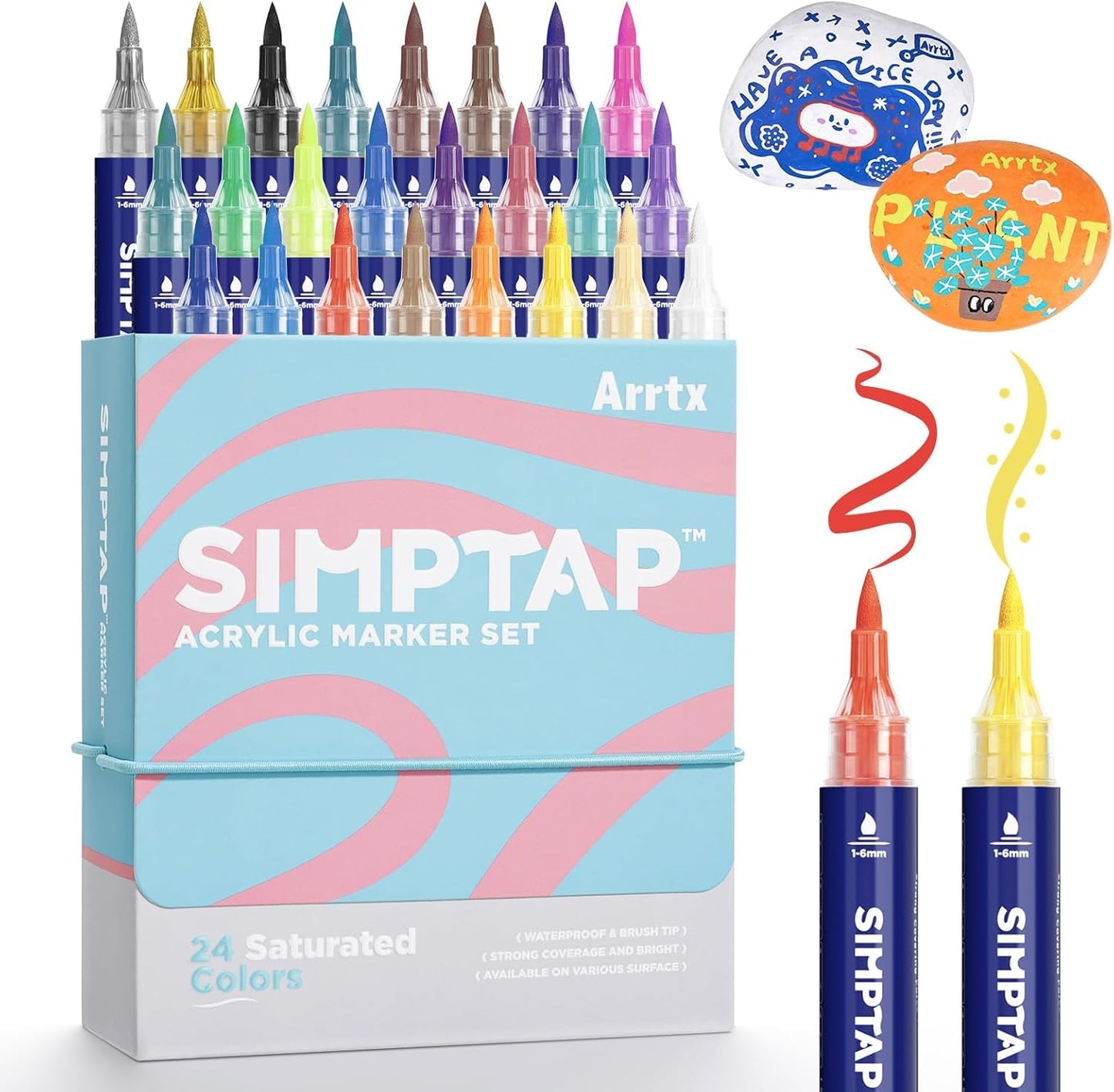 Arrtx Acrylic Markers, Simptap Series Paint Pens, Brush Tip Acrylic Paint Markers for Rock Painting, DIY Craft, Wood, Glass