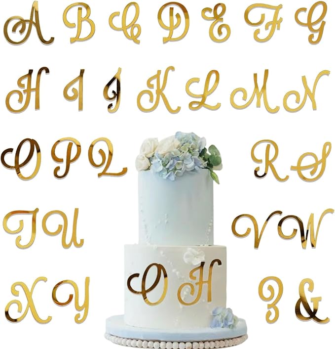 Acrylic Alphabet Cake Topper – DIY Personalized Name Cake Toppers with A-Z Gold Letter Set for Custom Wedding, Baby Shower, or Birthday Party Decorations