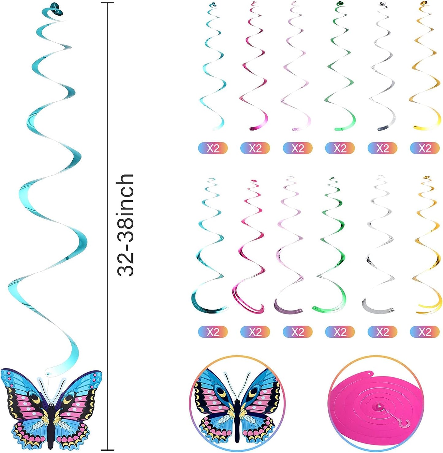 36 Pcs Butterfly Flower Party Decoration Hanging Swirl Streamer Hanging Ceiling Paper Flora Butterfly Decoration for Summer Spring Wedding Home Garden Girl Birthday Baby Shower Tea Party
