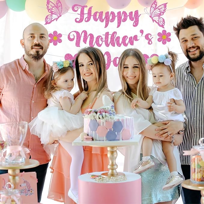 Happy Mother's Day Banner Set Decoration for Mother's Day Party Decorations Backdrop Garland for Mom Mother's Day Glitter Garland Photo Props (Pink Butterfly)