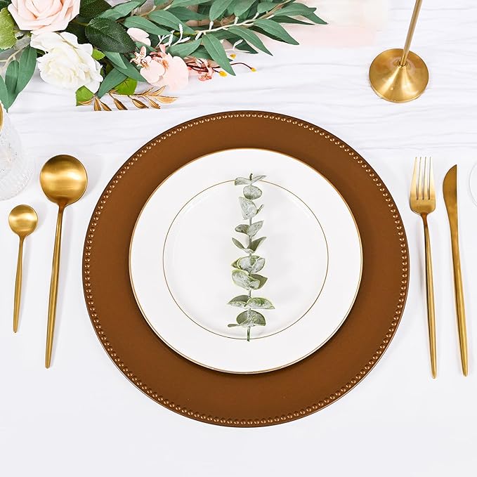 50 Pcs Brown Charger Plates Bulk, 13" Round Beaded Plate Chargers for Dinner Plates, Decorative Dinner Chargers Plastic Table Chargers for Wedding Holiday Party Baby Shower Event Decoration (Brown)