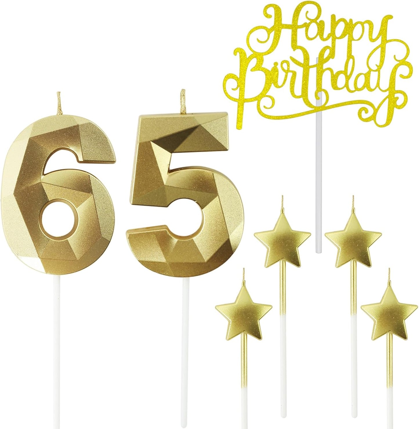 Golden Number 65 Birthday Candles and Star Birthday Candles 2.76 inch Birthday Cake Candles 3D Diamond Shaped Candles are Suitable for Birthday Parties and Anniversary Cake Decorations Candles