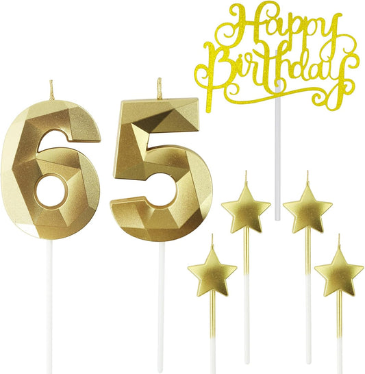Golden Number 65 Birthday Candles and Star Birthday Candles 2.76 inch Birthday Cake Candles 3D Diamond Shaped Candles are Suitable for Birthday Parties and Anniversary Cake Decorations Candles