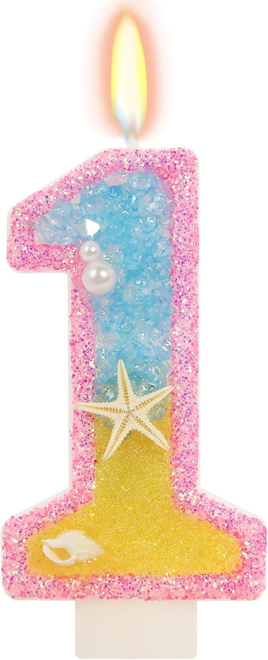 1st Birthday Candle for Cake, Pink Beach Starfish Sequins Number Cake Candles, 2.76 inch Pink Cake Topper Decoration for Birthday Party (Number 1)