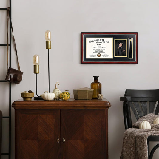 GraduationMall 11x22 Cherry Diploma Frame with Tassel Holder and Picture for 8.5x11 Certificate 5x7 Photo,Tempered Glass,Black over Gold Mat