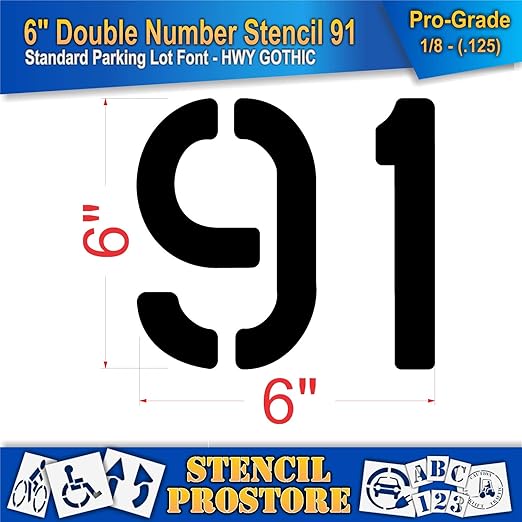 Pavement, Curb, and WheelStop Stencils - 6 inch Double Number Stencil - (91) - 6" x 6" x 1/8" (128 mil) - Pro-Grade
