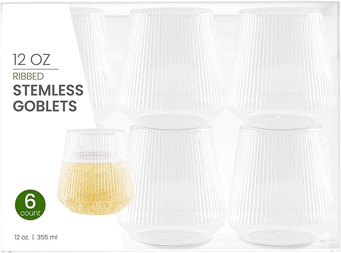 PLASTICPRO Plastic Wine Glasses Stemless Disposable 12 oz BPA Free Shatterproof Plastic Wine Cups for Parties (12, Ribbed Clear)