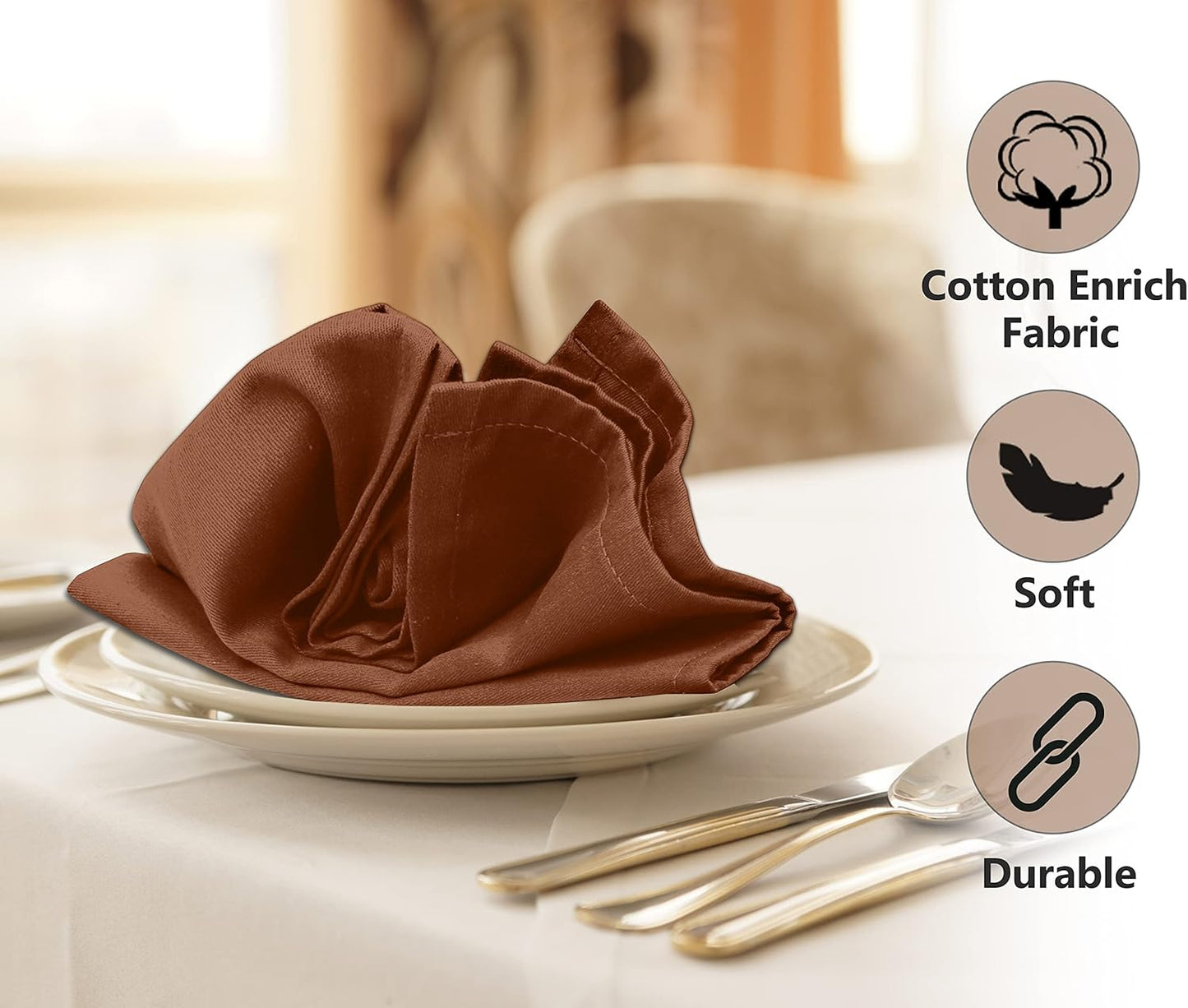 Ruvanti Cloth Napkins set of 12, 18x18 Inches Napkins Cloth Washable, Soft, Durable, Absorbent, Cotton Blend. Table Dinner Napkins Cloth for Hotel, Lunch, Restaurants, Weddings, Parties - Caramel Cafe