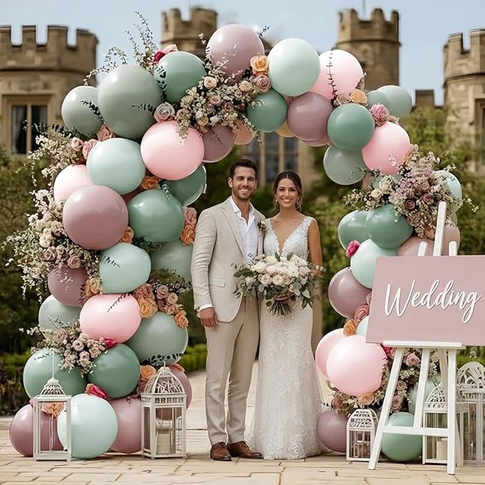 Pink Green Balloon Arch with Artificial Flowers Double Stuffed Dusty Light Pink Sage Green Balloon Garland Kit Eucalyptus Leaves for Baby Bloom Birthday Bridal Shower Wildflower Tea Party Decorations