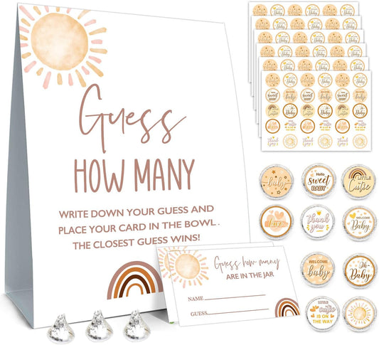 ALodr How Many Kisses Baby Shower Game Set - Boho Standing Sign, 50 Guessing Cards, 180 Kisses Stickers