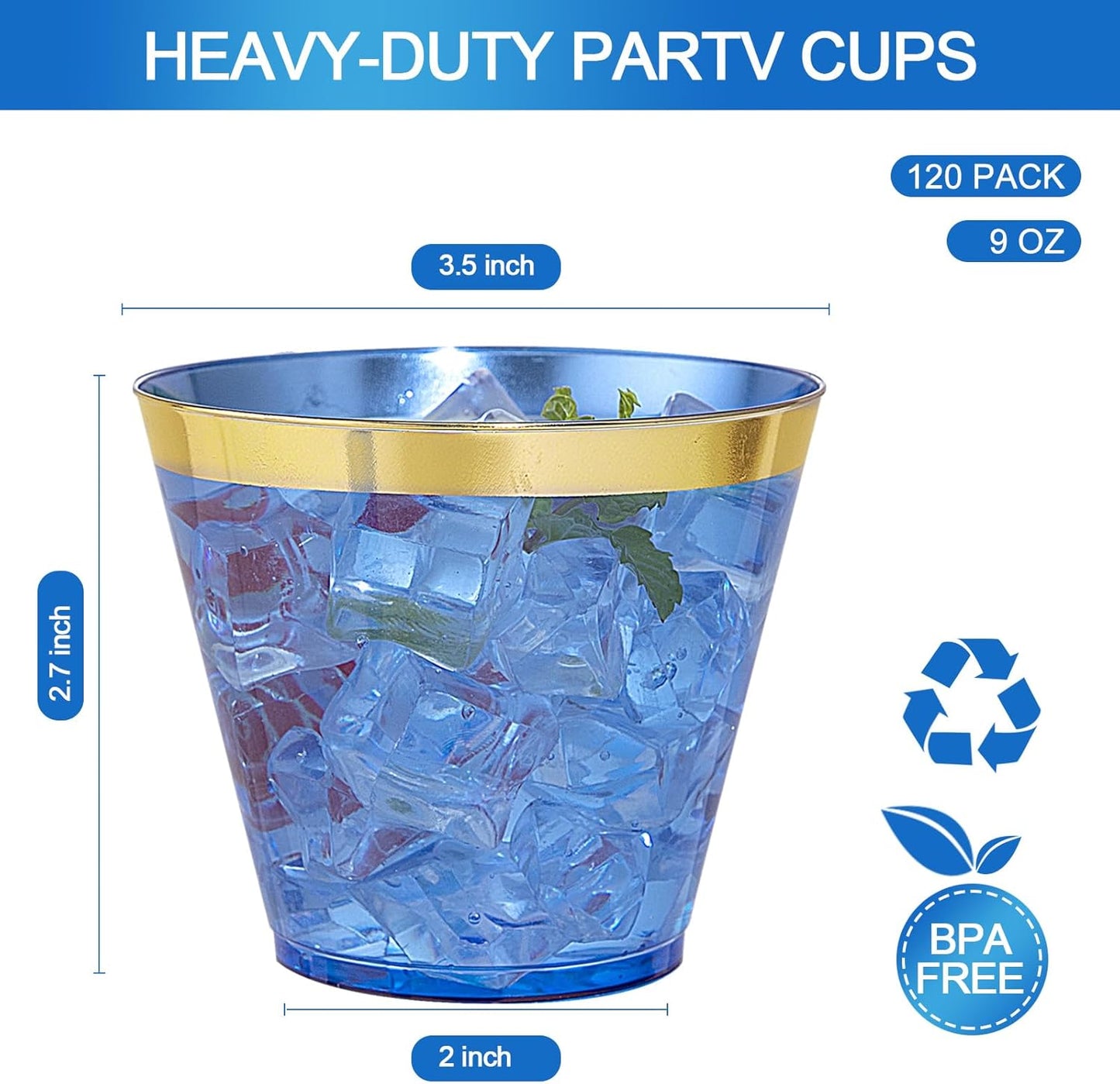 Nervure 240 PCS Blue Plastic Cups - 9Oz Gold Rimmed Plastic Cups - Heavy Duty Disposable Blue Cup with Gold Rim Perfect for Weddings, Receptions & Parties