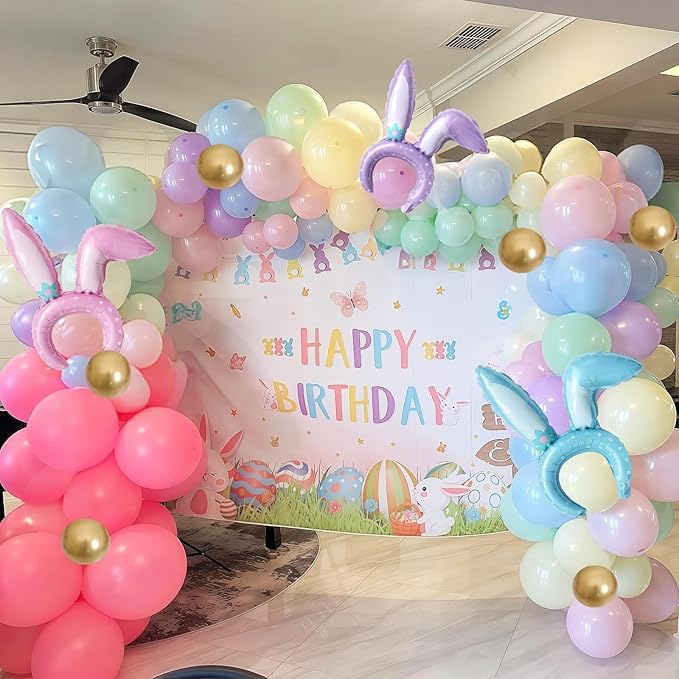 155pcs Easter Balloon Arch, Pastel Rainbow Balloon Garland with Bunny Ears Foil Balloons, Pink Purple Yellow Green Blue White Gold Confetti Balloons for Easter Spring Baby Shower Birthday Decorations