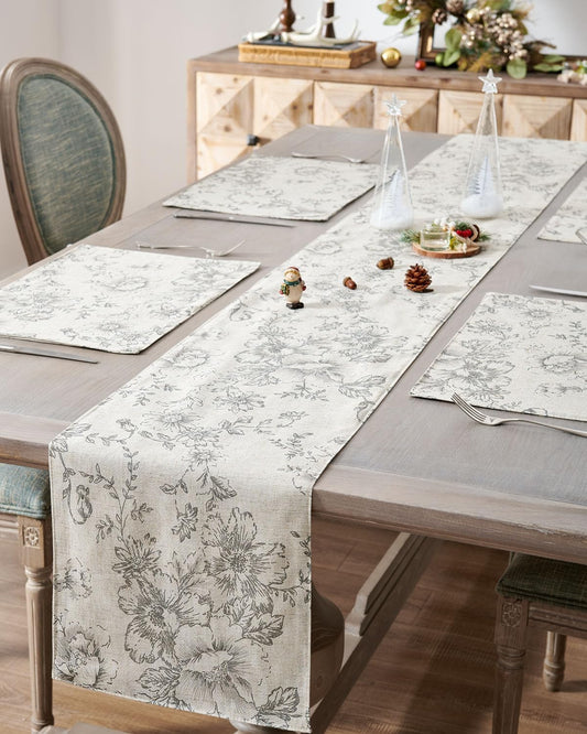 jinchan Floral Linen Table Runner for Kitchen Farmhouse Table Cloth with Grey Flower Print 13 x 72 Inch Beige Linen Blend Cloth for Kitchen Dining Table Indoor Outdoor Decor 1 Panel