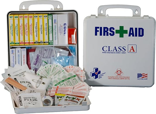 Certified Safety Mfg Class A 21 Plus BBP - 158pc USA-Made ANSI & OSHA Compliant First Aid Kit w/Bloodborne Pathogen Protection - Bloodborne Pathogen Kit for Businesses (Plastic Case)