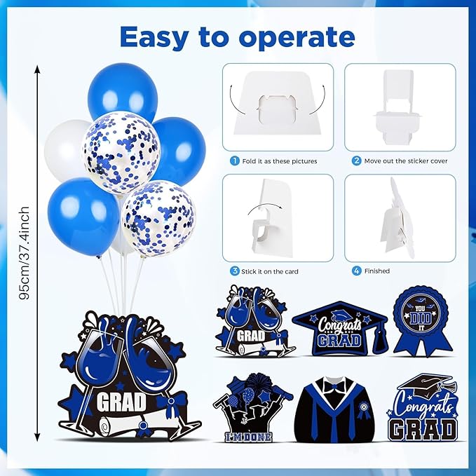 6 Sets Blue Graduation Balloon Stand Kit for Table Decorations Class of 2025 Congrats Grad Table Centerpiece Grad Prom Themed Decoration for Grad School & College Ceremonies Party Supplies