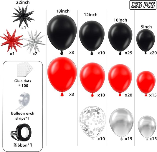 153Pcs Red and Black Silver Balloons Garland Arch Kit with Stars -22 18 12 10 5 inch Different Size Red Black Metallic Silver Balloon for Birthday Graduation Racing Car Poker Party Decorations