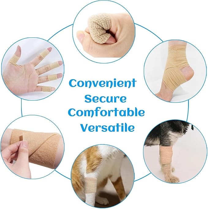 24 Rolls Elastic Self Adhesive Bandage Wrap 1 Inch, Breathable Non Woven Cohesive Bandage, Vet Wrap for Dogs, Ankle Sprains Swelling Medical First Aid Tape, Sports Athletic Tape (Brown)