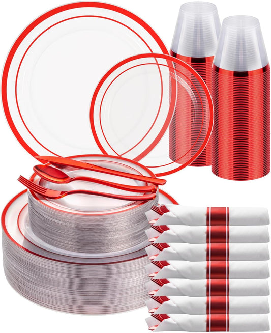 Goodluck 350 Piece Red Plastic Plates, Clear Plastic Silverware Disposable Plates Set, Include 100Plates, 50Pack Pre Rolled Napkins with Silverware, 50Cups for Party, Christmas, Graduation, Wedding
