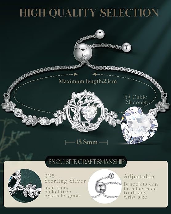 FANCIME Valentines Day Gift Tree of life Birthstone Bracelet for Women Sterling Silver Tree Jewelry Birthstone Charm Bracelet Gemstone Anniversary Birthday Gifts for Wife Mom Her