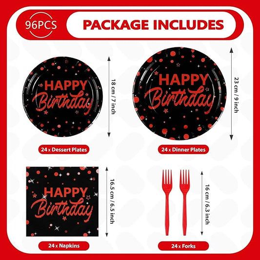 Grencian 96Pcs Red and Black Birthday Party Decorations Red Polka Dots on Black Paper Plates and Napkins Disposable Dessert Tableware for Men Women Stranger Birthday Party Decorations Serves 24
