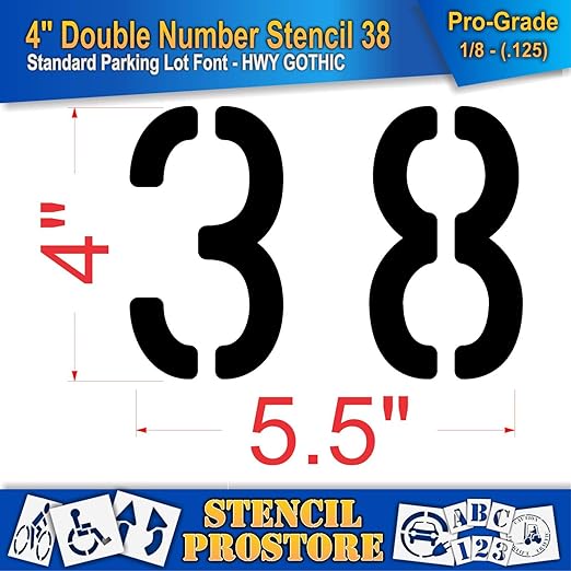 Pavement, Curb, and WheelStop Stencils - 4 inch Double Number Stencil - (38) - 4" x 5.5" x 1/8" (128 mil) - Pro-Grade