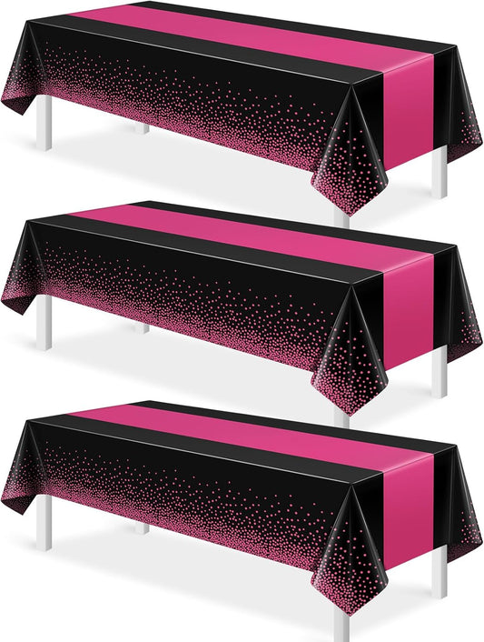 3Pcs Black Hot Pink Tablecloth Party Decorations,Plastic Black Table Cloth Printed Hot Pink Table Runner Disposable Rectangle Cover for Birthday Wedding Anniversary Graduation Party,54x108 Inch