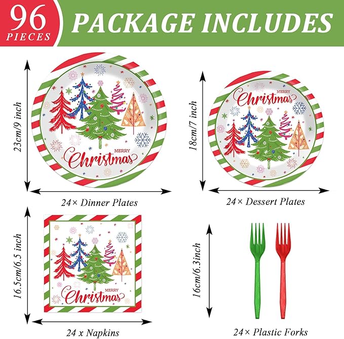OBUSATT 96Pcs Christmas Party Supplies Red Green Christmas Tree Paper Plates and Napkins Disposable Xmas Tableware Dinnerware Set Winter Snowflake Plates for Holiday Party Decorations Serves 24