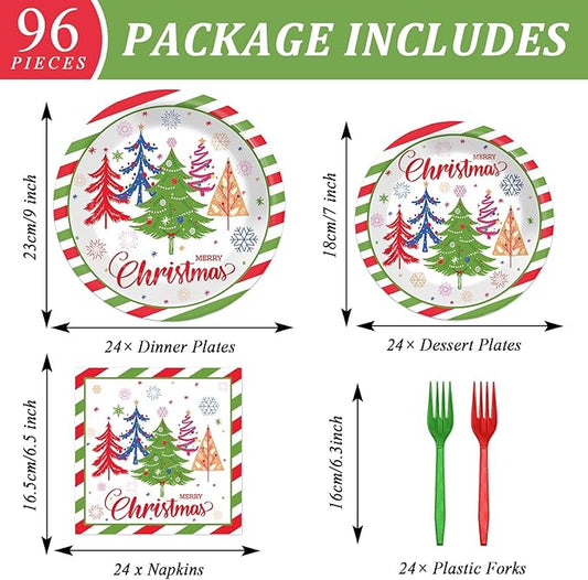 OBUSATT 96Pcs Christmas Party Supplies Red Green Christmas Tree Paper Plates and Napkins Disposable Xmas Tableware Dinnerware Set Winter Snowflake Plates for Holiday Party Decorations Serves 24