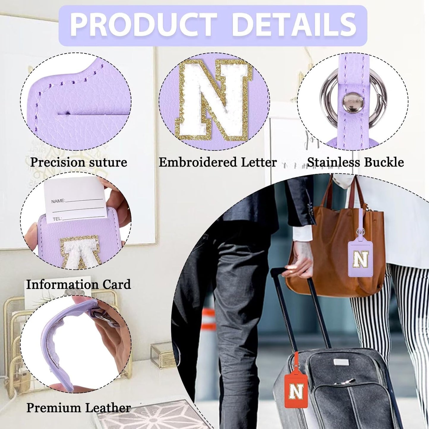 Personalized Initial Luggage Tags for Suitcases, Leather Chenille Letter Cute Luggage Tags with Privacy Name Card, Embroidered Travel Bag Backpack Tags Gifts for Women Kids Girls Teens(Purple-N)