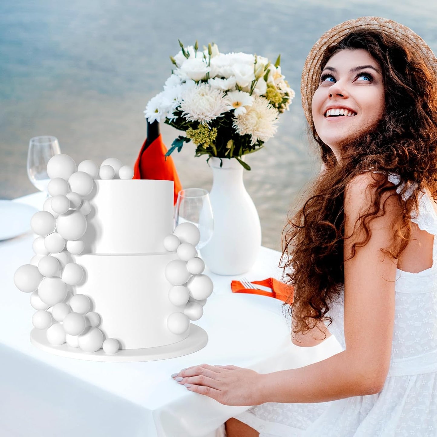 138 Pcs White Balls Cake Topper Decorations Balloon Cupcake Toppers Foam Multisize Cake Topper Balls for Birthday Party Wedding Anniversary