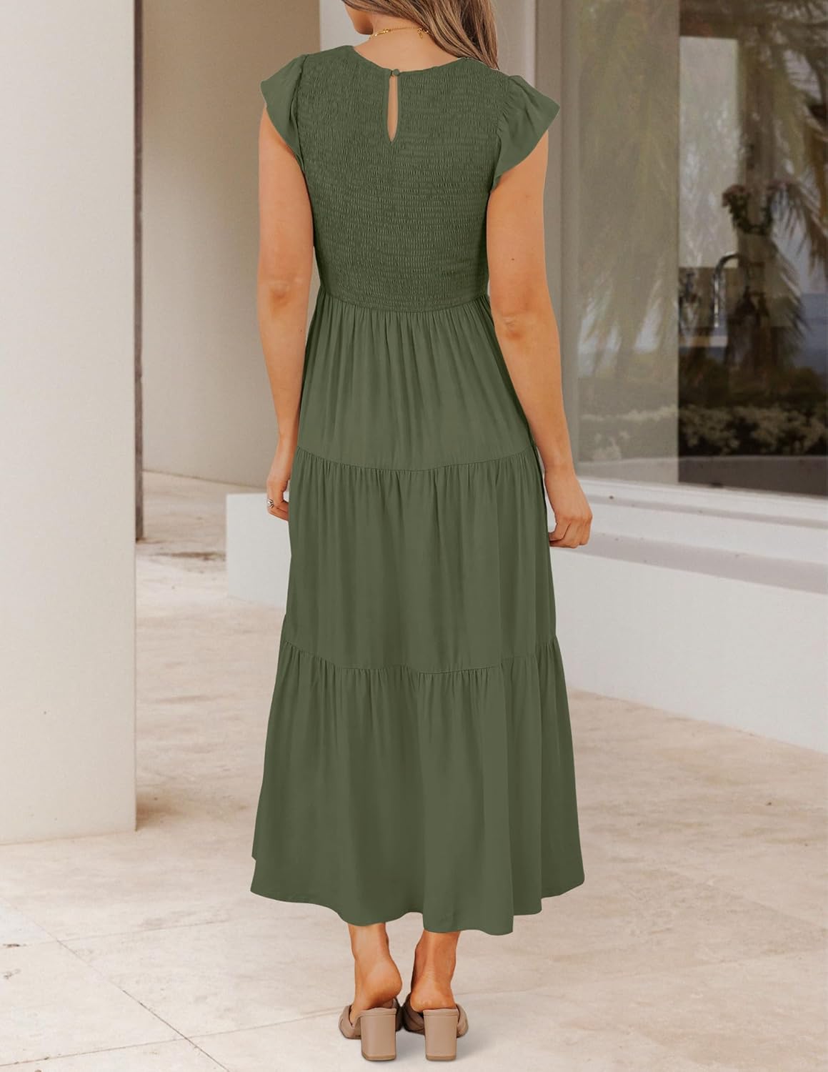 ZESICA Women's 2025 Summer Casual Flutter Short Sleeve Crew Neck Smocked Elastic Waist Tiered Midi Dress