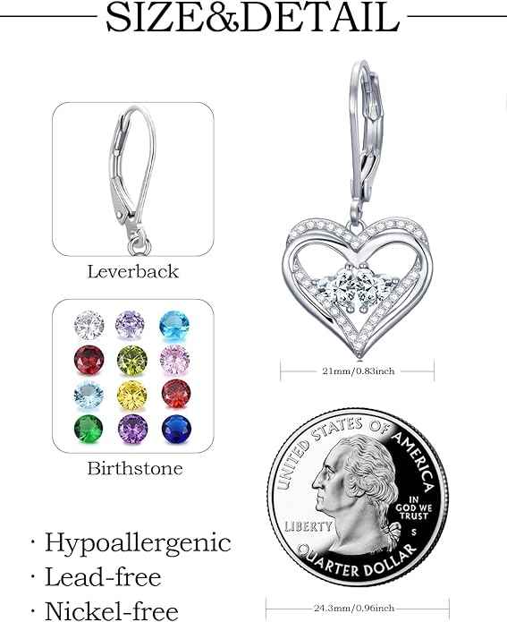 Valentines Day Gifts for Women, Heart Leverback Earrings Double Birthstone Dangle Earrings for Women, Love Jewelry for Her, Anniversary Birthday Gift for Mom Wife Girlfriend