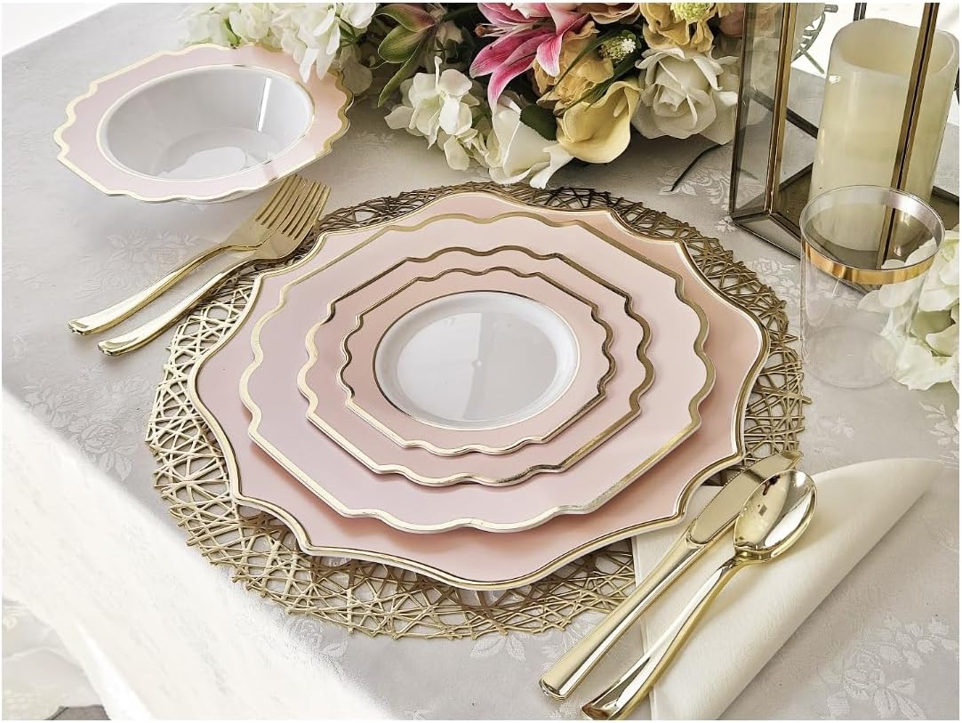 " OCCASIONS " 240 Plates Pack (120 Guests) Heavyweight Wedding Party Disposable Plastic Plates Set -120 x 10.5'' Dinner + 120 x 8'' Salad/Dessert Plate (Imperial in Blush & Gold)