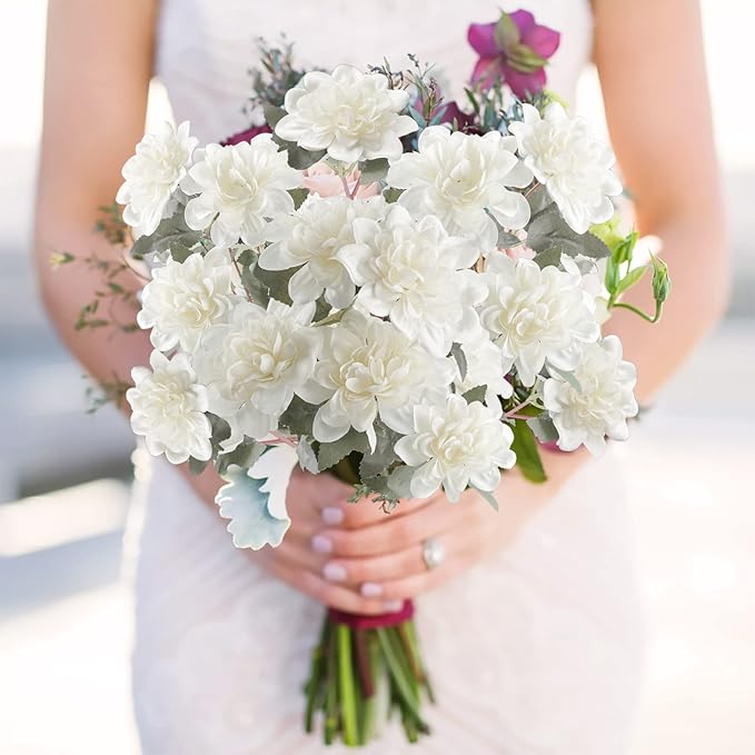 Uieke 6PCS Artificial Daisy Mums Flowers with Stem, Silk Dahlia Flowers Arrangement for Home Party Wedding Bouquet Winter Table Centerpieces Decor (White)