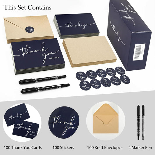 NESCCI 100 PCS Thank You Cards With Envelopes and Stickers，Classy 4x6 Blank Thank You Cards,Thank YouNotes for Wedding, Small Business, Baby & Bridal Shower (Navy Blue)
