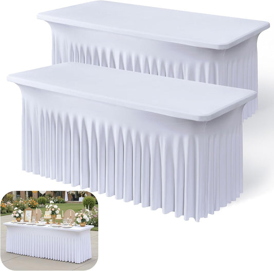 2pk White Spandex Tablecloths 6ft for Rectangle Tables, Wrinkle Free Classy Table Skirt Stretchy Fitted Table Cloths Covers 6 Foot for Weddings Birthday Party Events Banquette Baby Shower