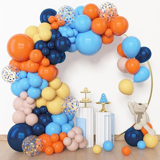 Amandir 153pcs Blue Orange Balloon Garland Arch Kit, Different Sizes 18 12 10 5 inch Navy Blue Yellow Latex Pearlescent Confetti Balloons for Girl Boys Blue Birthday Party Decorations