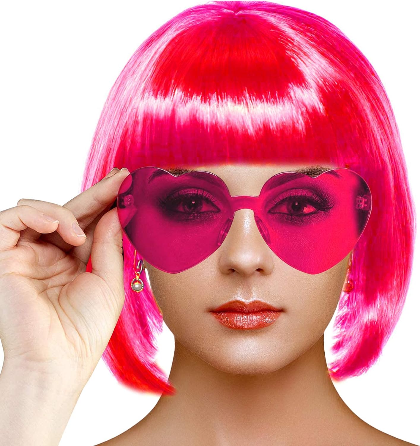 Short Bob Colors Wigs with Bangs, 6Pcs Cosplay Wig with Heart Sunglasses for Halloween Bachelor Party Decorations