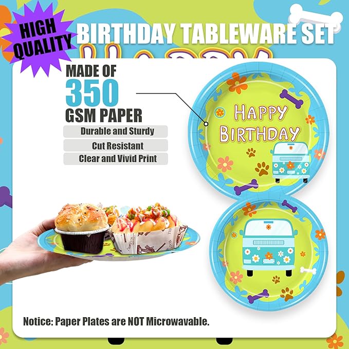 168PCS Mysterious Car Hippie Party Decorations for Kids Cartoon Dog Paw Themd 1st 2nd Birthday Party Supplies Groovy Daisy Favors Tableware with Plates Napkin Cups for 24 Guests