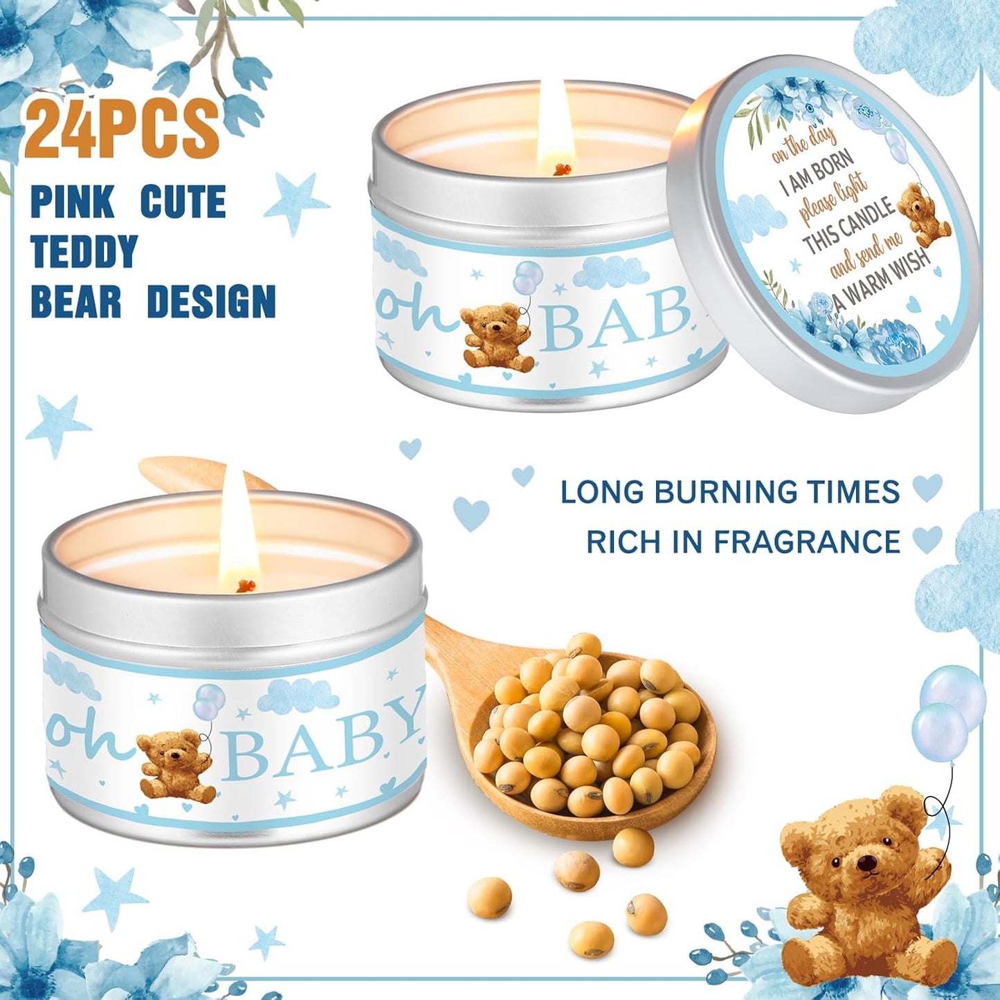 MTLEE 24 Pcs Bear Baby Shower Party Favors Candles Lavender Scented Baby Shower Favors for Guests Rustic Tealights Candles Gender Reveal Return Gifts Girl Boy(1.2 Oz, Blue)