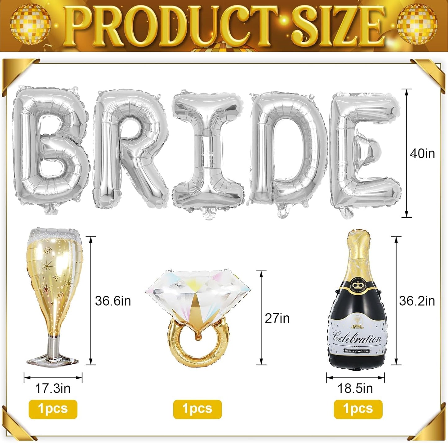 40inch Bride Balloons Silver Letters Banner, Bachelorette Party Decorations Set with Diamond Ring Champagne Bottle Balloon Glass Foil Balloon for Silver Bachelorette Engagement Wedding Bridal Shower