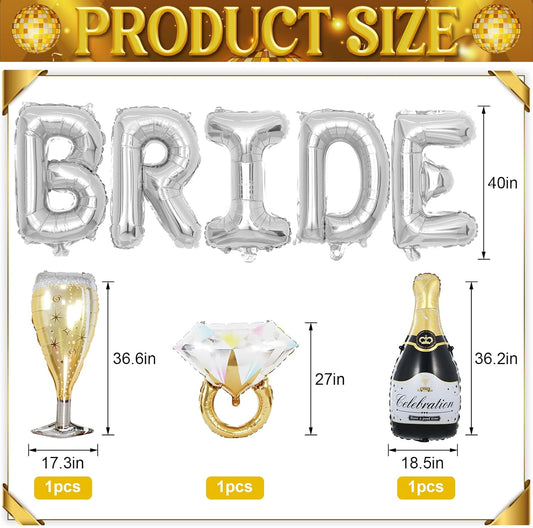 40inch Bride Balloons Silver Letters Banner, Bachelorette Party Decorations Set with Diamond Ring Champagne Bottle Balloon Glass Foil Balloon for Silver Bachelorette Engagement Wedding Bridal Shower