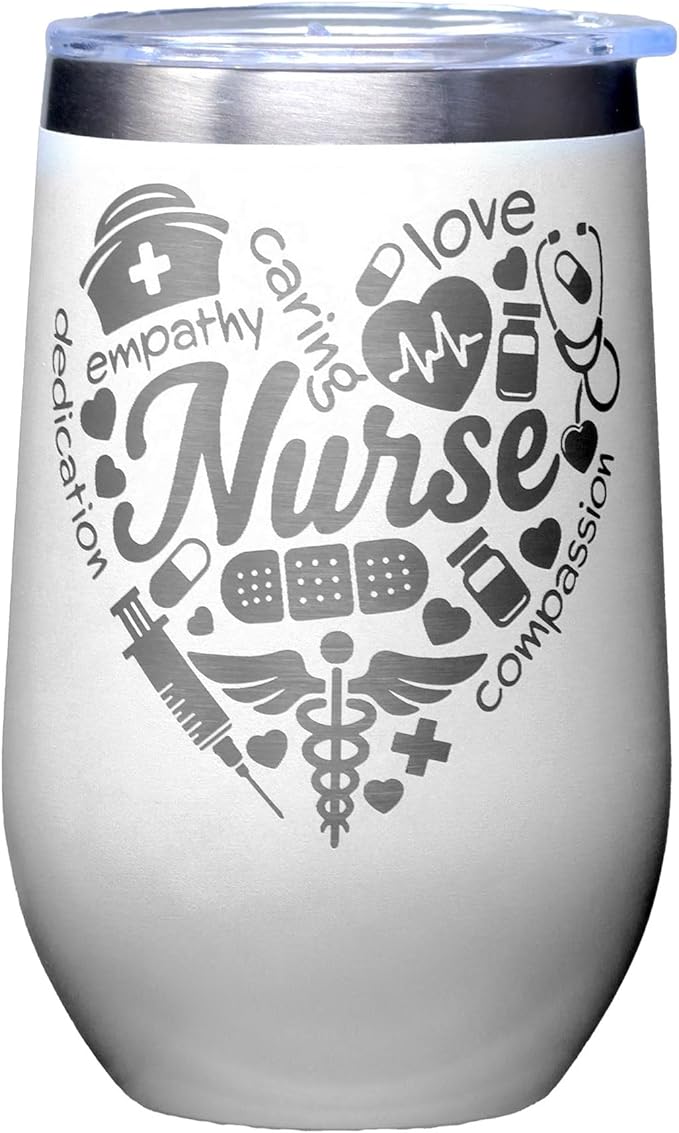 Spoontiques Nurse Etched Stainless Steel Tumbler - Insulated Wine Tumbler with Lid – Double Wall Stainless Steel Stemless Wine Glass – 16oz - 5 5/8" Tall
