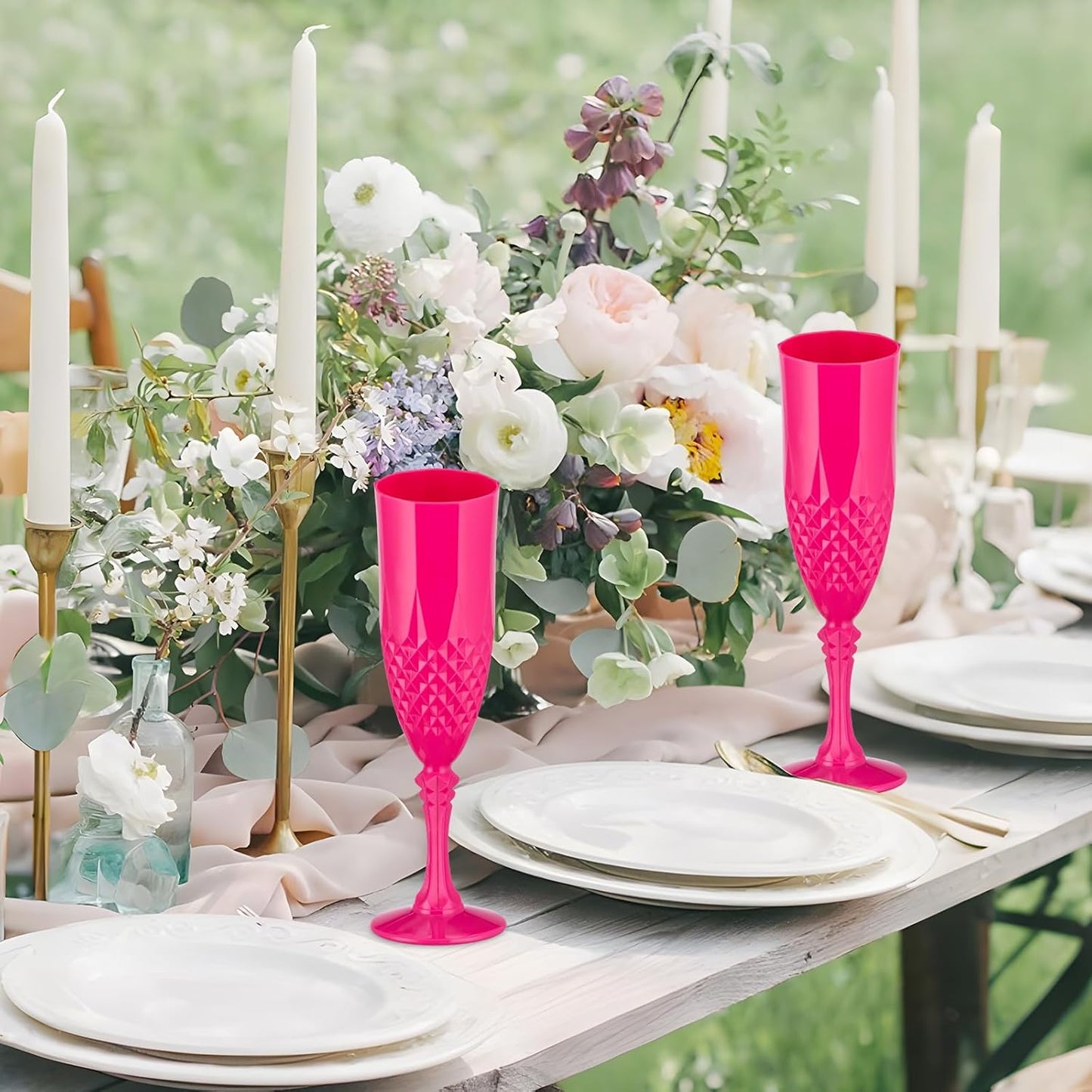 Plastic Champagne Flutes,Wine Glasses Goblets Set of 100,Mimosa Bar Shatterproof Reusable Vintage Champagne Flutes Stemmed Drinking Cups for Weddings, Bachelor Parties, Toasting, Prosecco(100,Pink)