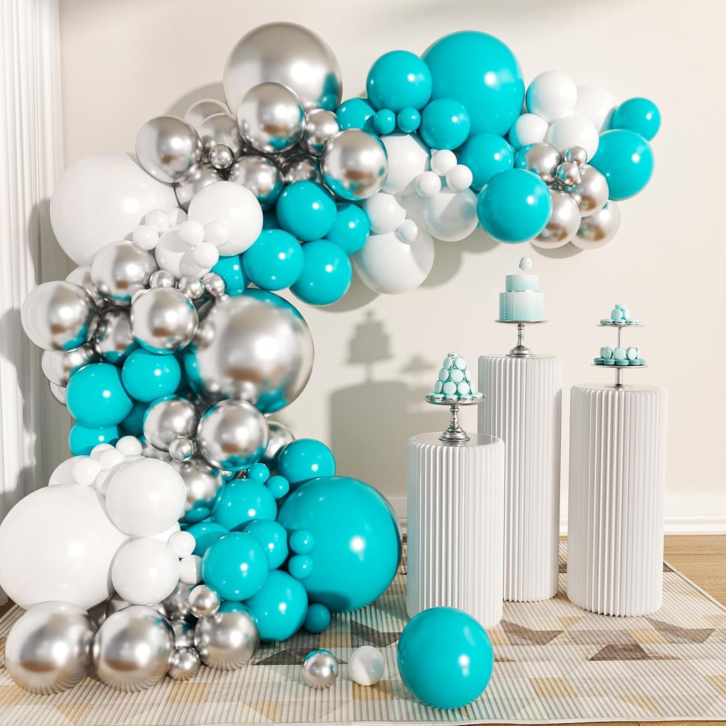 62Pcs 12Inch White Silver Teal Blue Balloon Arch Kit, Matte White Metallic Silver Confetti Party Balloons with Ribbons for Birthday, Wedding, Baby Shower, Graduation Decorations