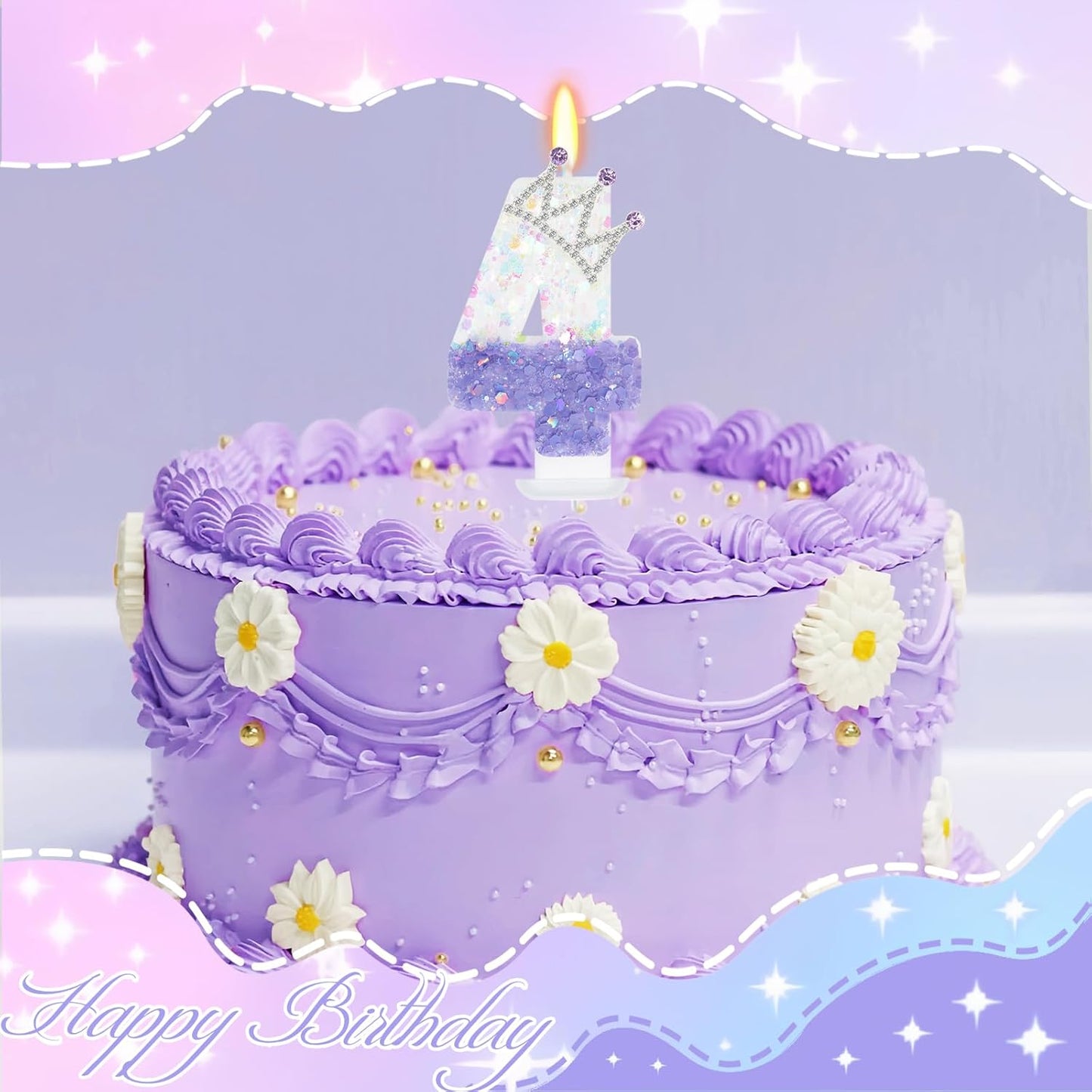 Purple White Number 4 Candle, Glitter Crown Cake Topper, Princess Birthday Party Decorations for Girls and Women Anniversary Celebrations Party Favors