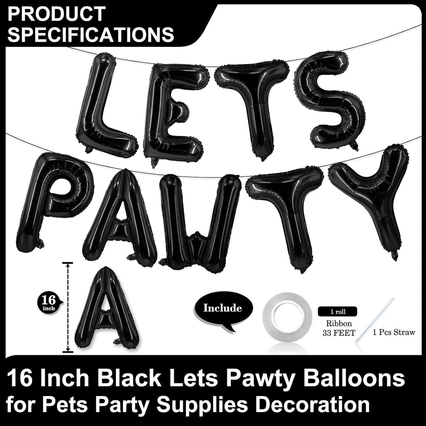 9 Pcs Lets Pawty Balloons Banner 16 Inch, Dog Cat Pet Birthday Letters Sign Lets Pawty Balloons Happy Birthday Banner for Pet Dog Cat Party Supplies Decorations (Black)