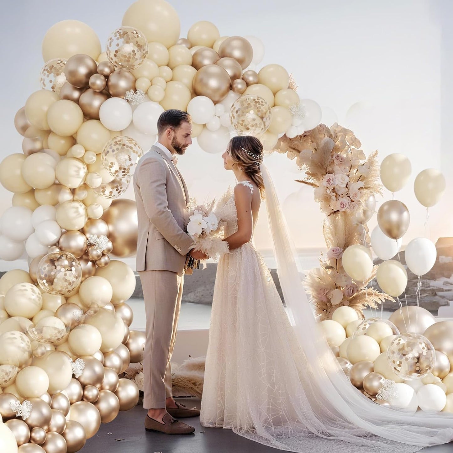 Champagne Gold and White Balloon Arch Kit, 134pcs Metallic Gold Confetti Balloons Garland Kits for Birthday Wedding Baby Shower Bridal Party Anniversary Decorations