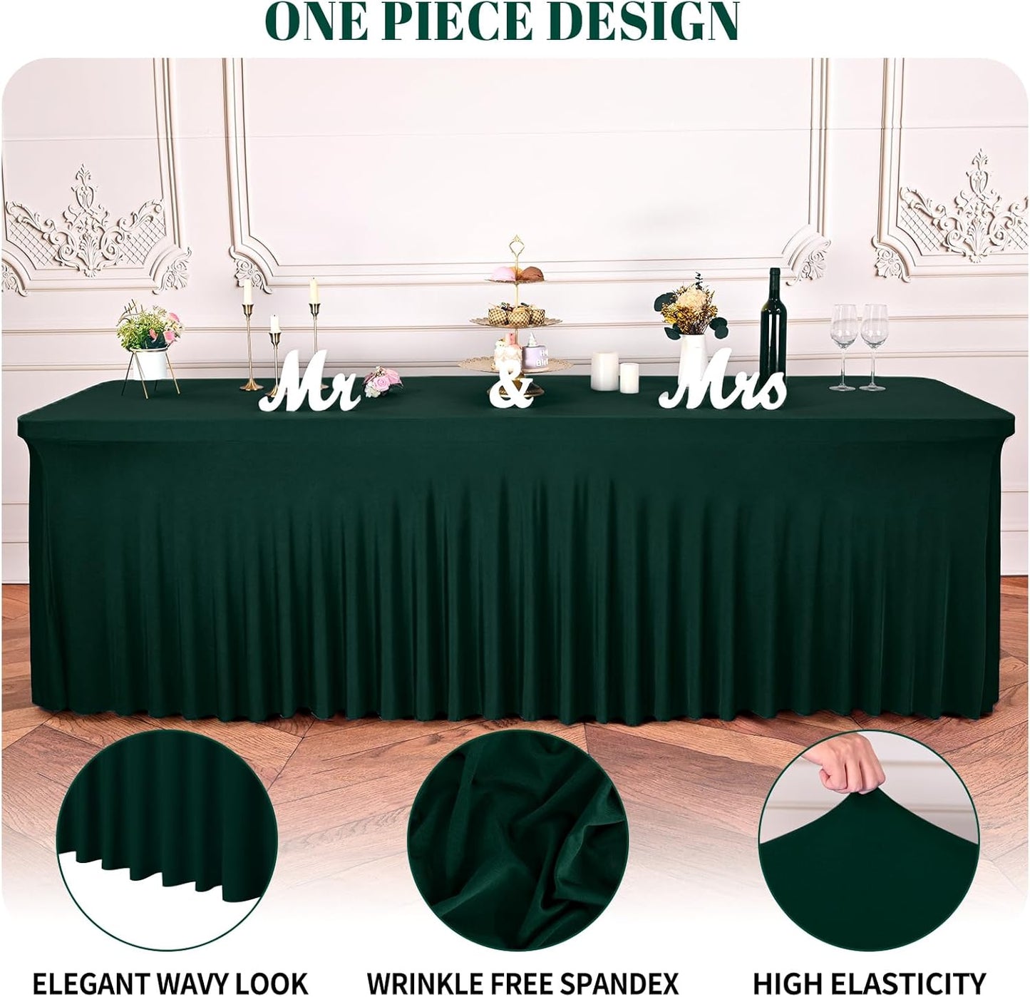 2 Packs Emerald Green Stretch Table Skirts for 8 Foot Rectangle Table, Washable Spandex Stretch Tablecloths with Skirt, Wrinkle Resistant Fitted Tablecover for Wedding Party Banquet