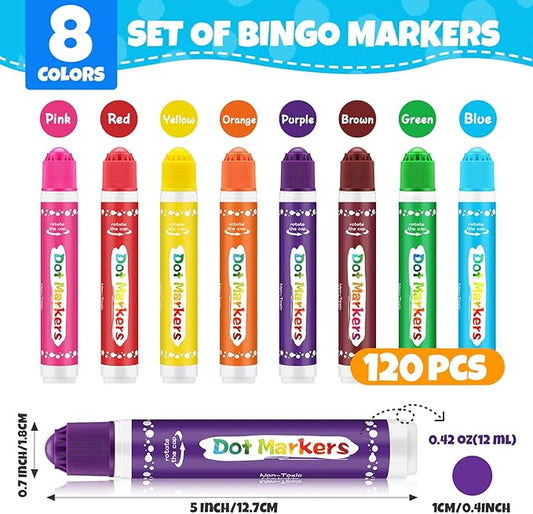 FUMILE 120 Pcs Dot Markers Bulk, 8 Colors Bingo Daubers Bulk for Toddlers,Washable Bingo Markers,Bingo Supplies,Dot Paint for Painting Supplies Drawing Coloring and Art Crafts(15 Boxs)